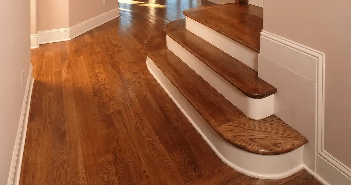 Base floor of a staircase with professionally restored wood flooring in New Orleans LA