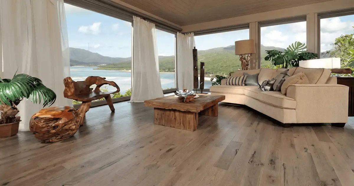Professionally installed vinyl flooring in a modern living room with large windows in New Orleans, LA